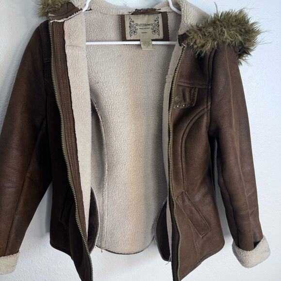 Y2K Faux Fur Trim Jacket Coat Brown Faux Suede 00s - Picture 7 of 8